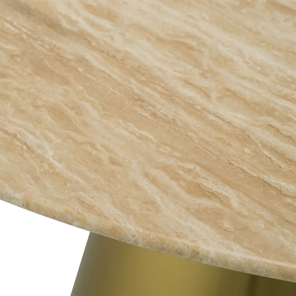 Gorgeous dining table with cylindrical brass base and travertine top