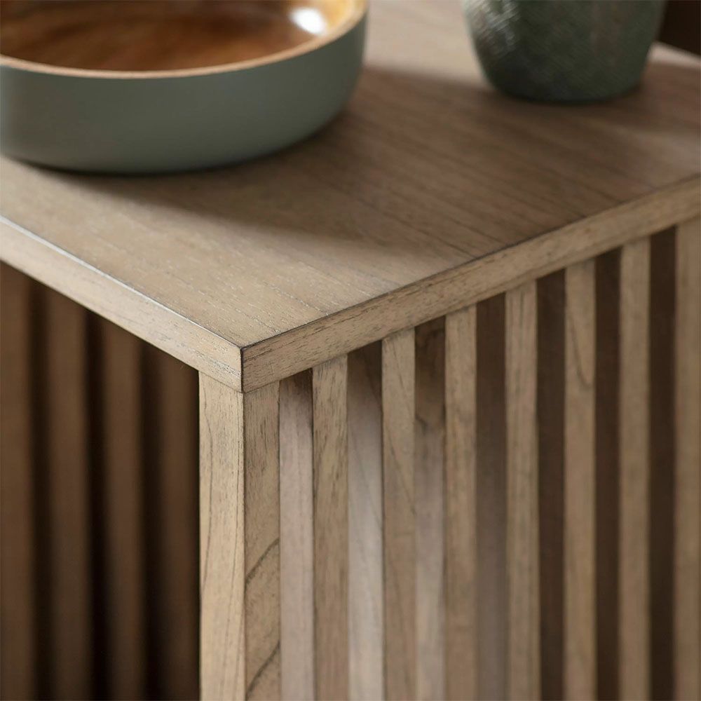 Square wooden side table with slatted sides