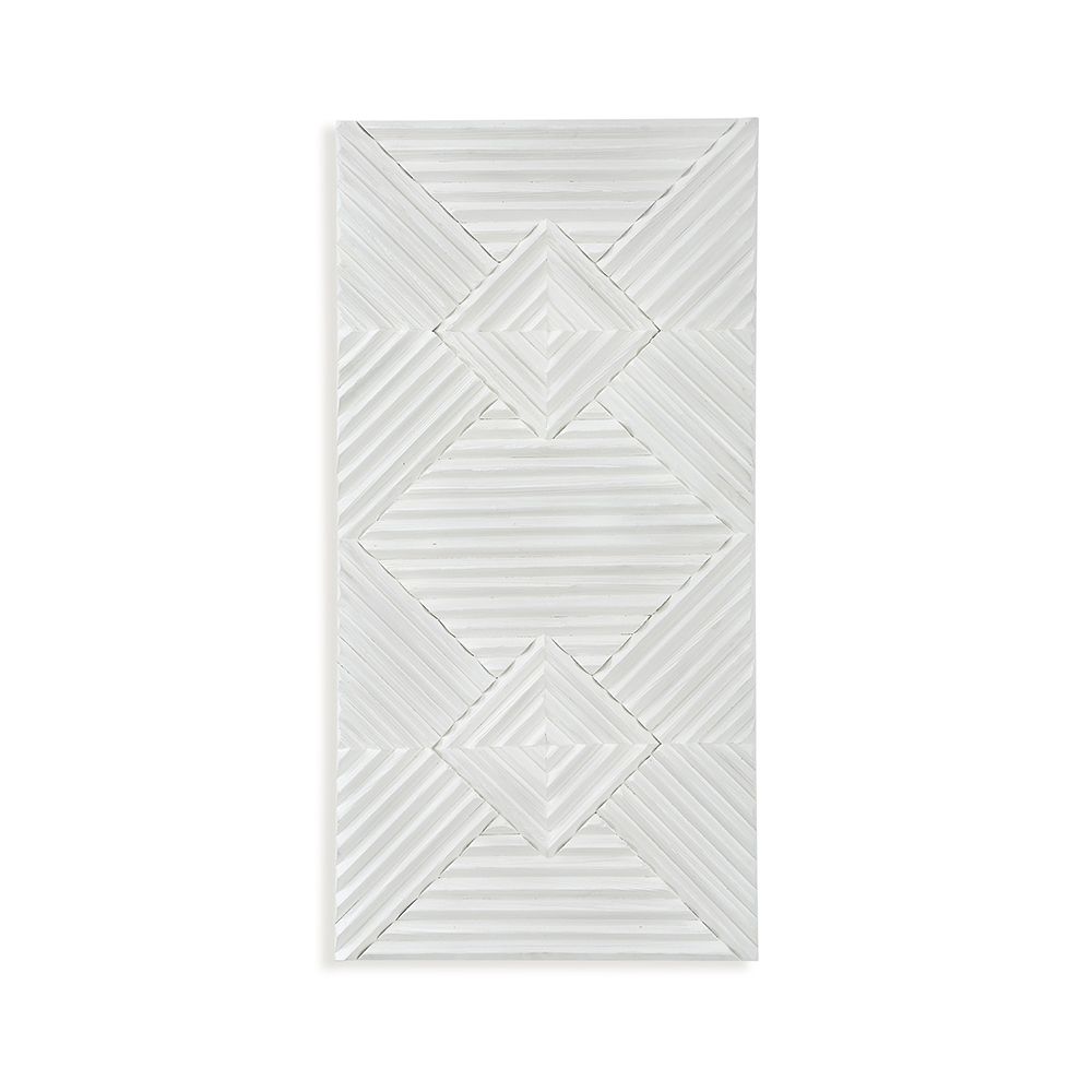 A gorgeous geometric wall artwork with a white washed finish