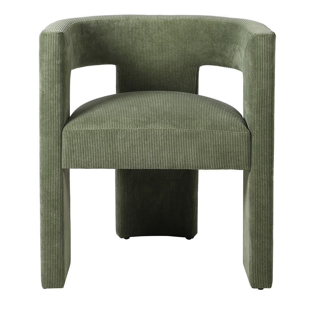 Trending three-legged corduroy dining chair in olive green