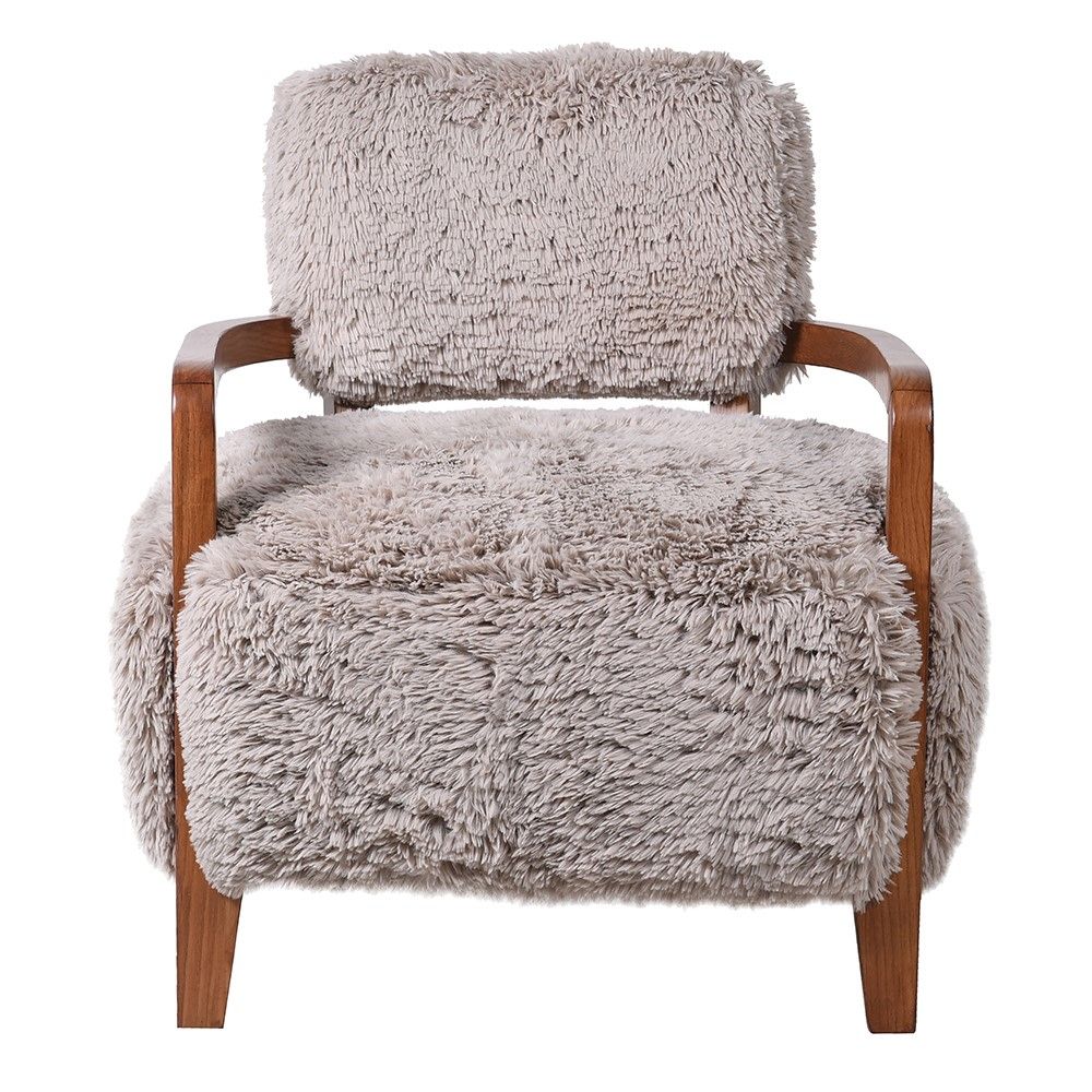 Taupe faux fur armchair with rich brown wooden frame