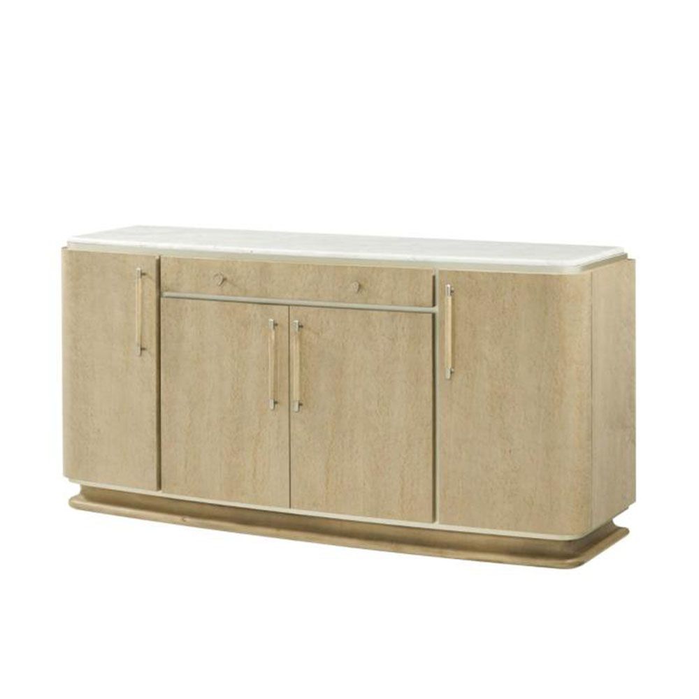 Sideboard with four doored cupboards and one drawer, wooden finish with metal accents