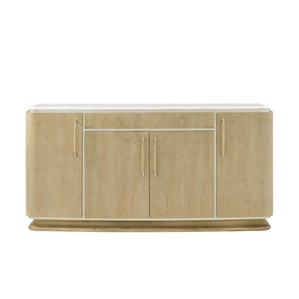 Sideboard with four doored cupboards and one drawer, wooden finish with metal accents