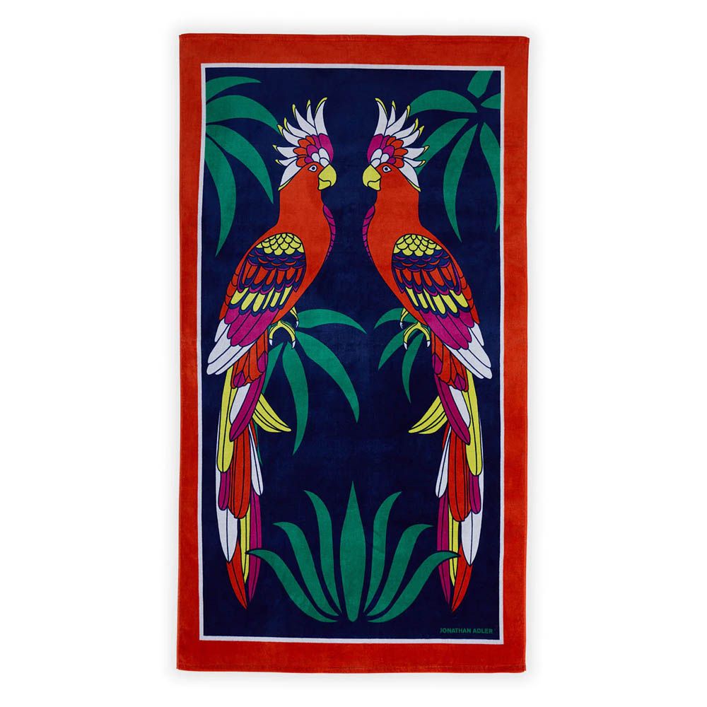Dark blue beach towel with red border and two parrot design