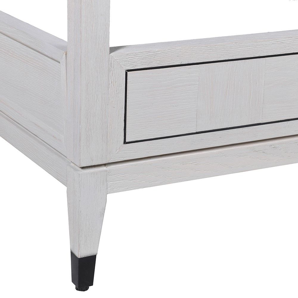 oak wood four-poster bed in white with thin black detailing