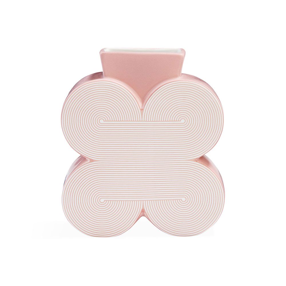 Pastel pink and white vase combines 70s inspired patterns and chic curves that are finished beautifully by a satin matte and polished finish. 