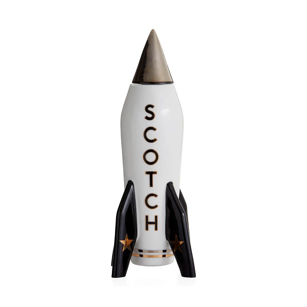 Black and white rocket-shaped scotch decanter with gold detail