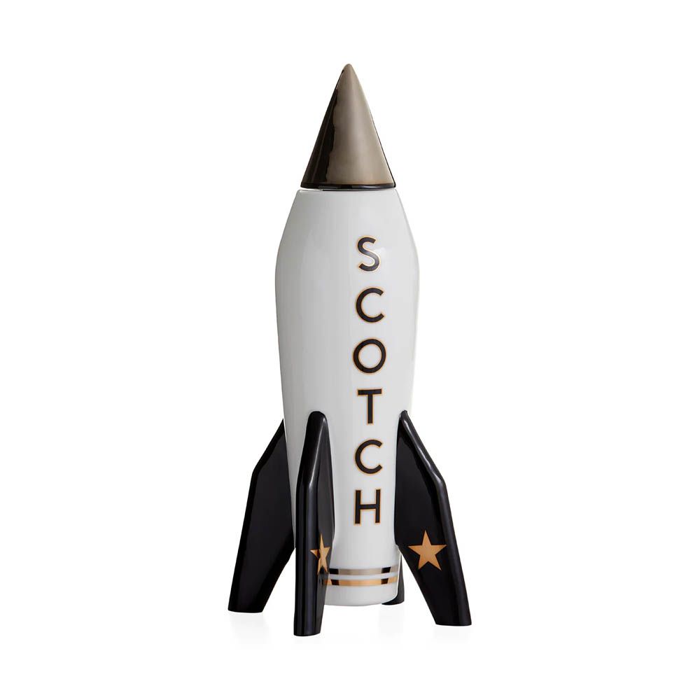 Black and white rocket-shaped scotch decanter with gold detail