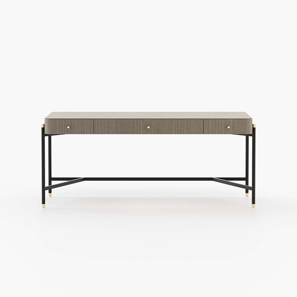 A luxurious aged oak wood table with a wrought iron frame and golden accents