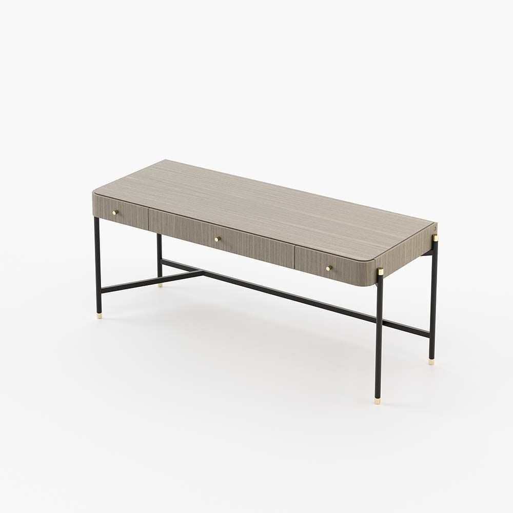A luxurious aged oak wood table with a wrought iron frame and golden accents