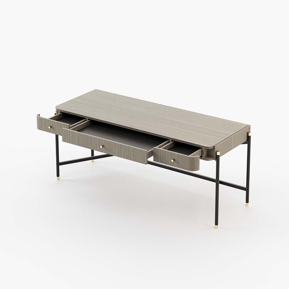 A luxurious aged oak wood table with a wrought iron frame and golden accents