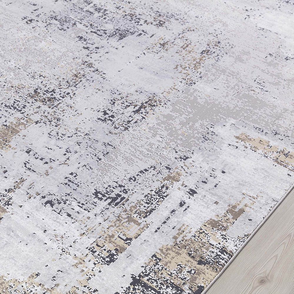 Abstract grey rug with taupe gold detailing