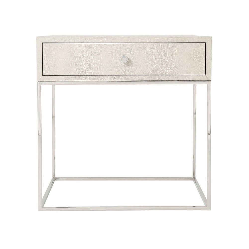 A contemporary side table with a shagreen-embossed leather top and nickel base