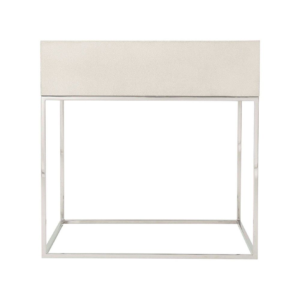 A contemporary side table with a shagreen-embossed leather top and nickel base