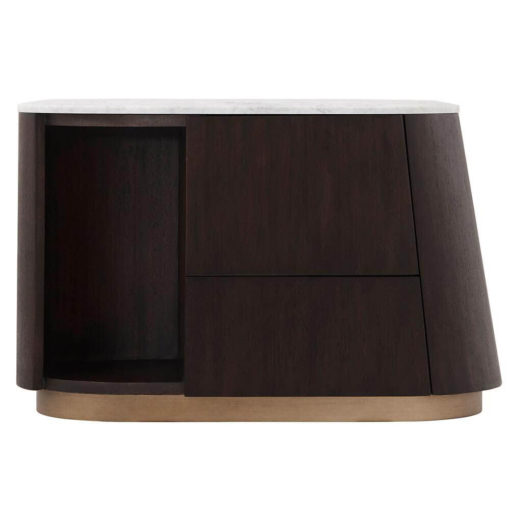 Brown bedside table with marble top, brass base and dark wood finish with two drawers and open shelving