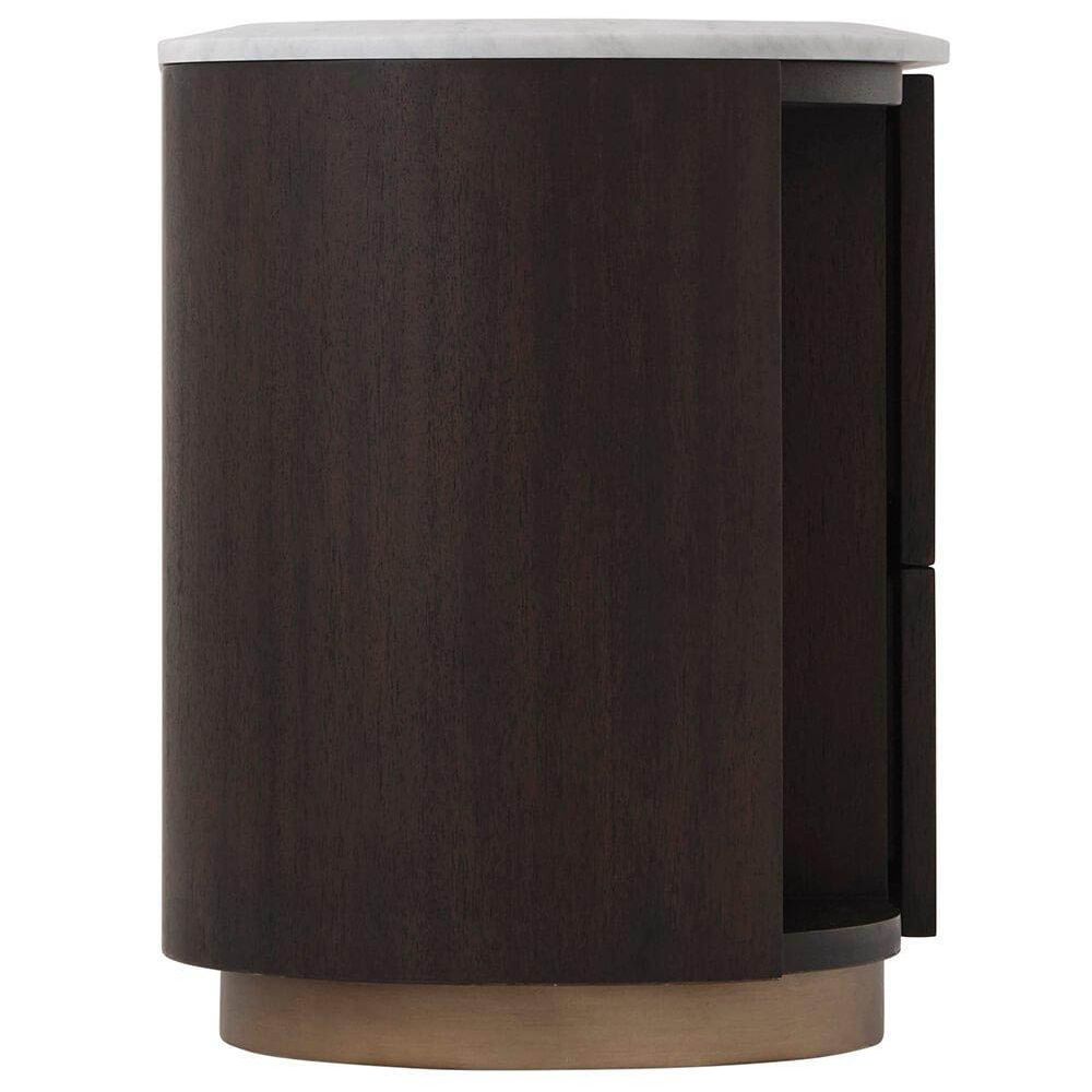 Brown bedside table with marble top, brass base and dark wood finish with two drawers and open shelving