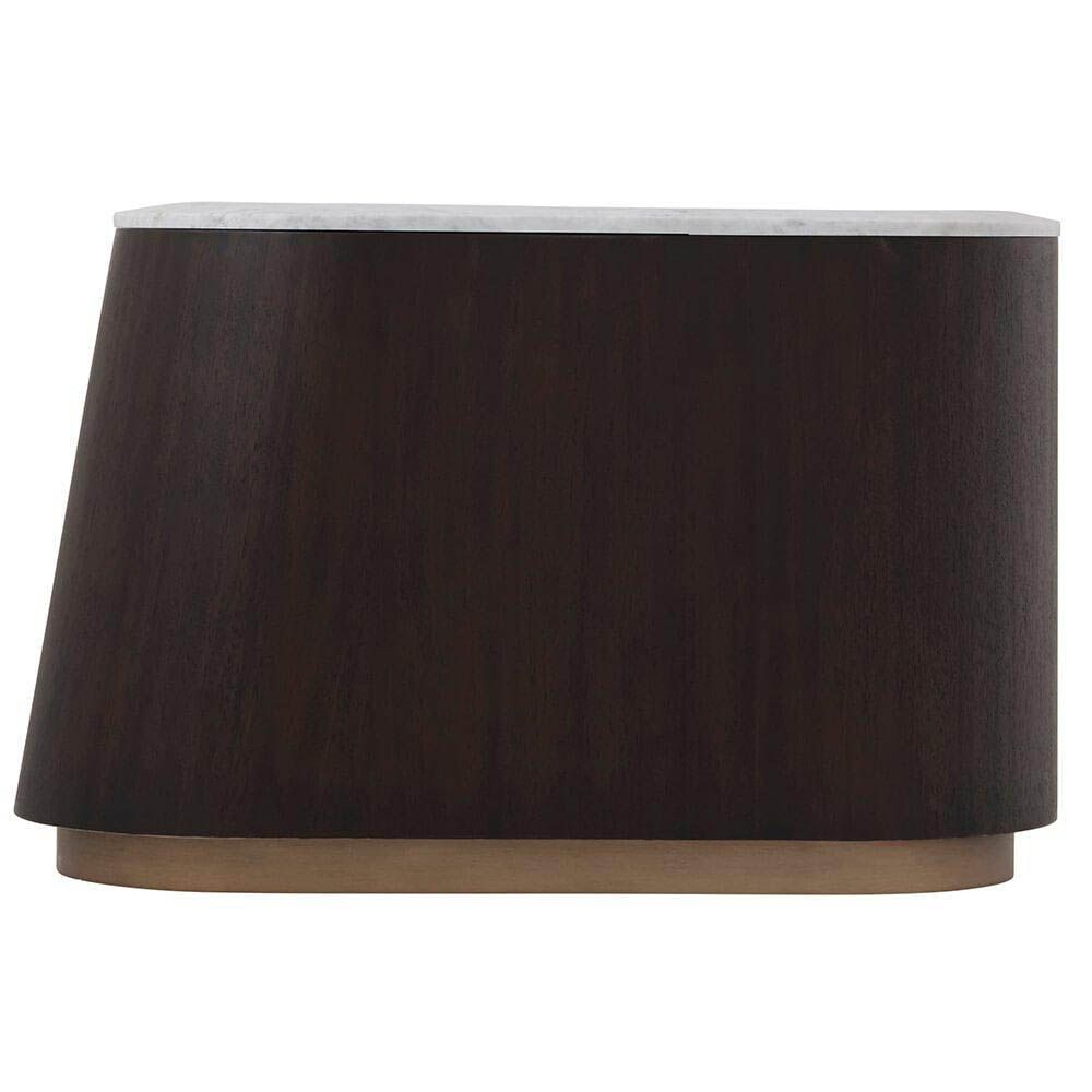 Brown bedside table with marble top, brass base and dark wood finish with two drawers and open shelving