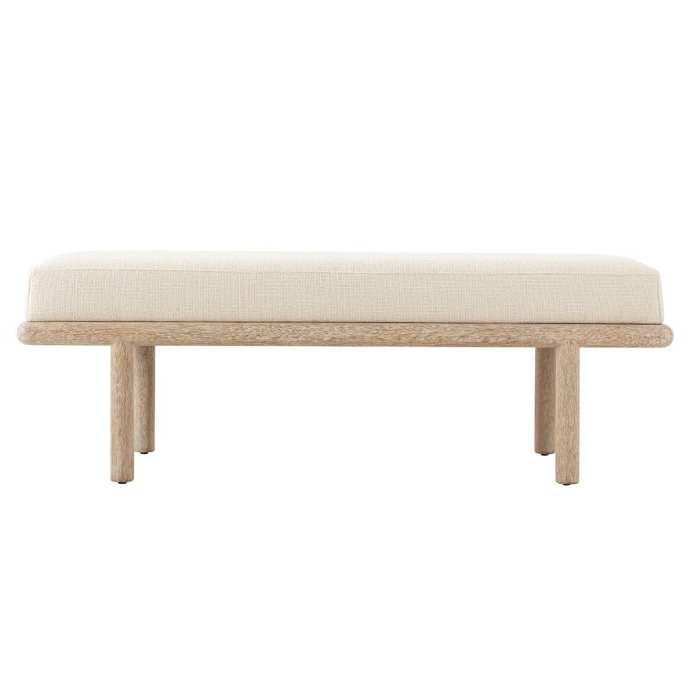 Upholstered bench with light brown wood frame