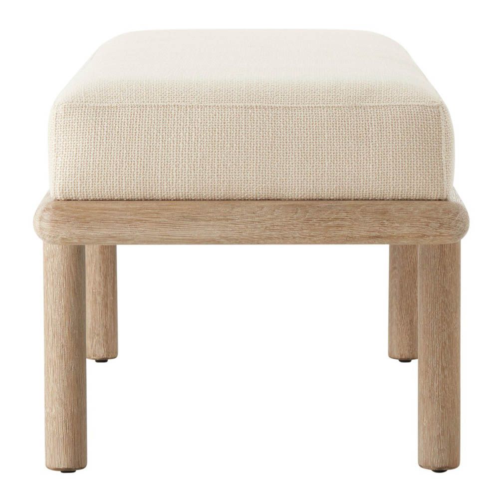 Upholstered bench with light brown wood frame
