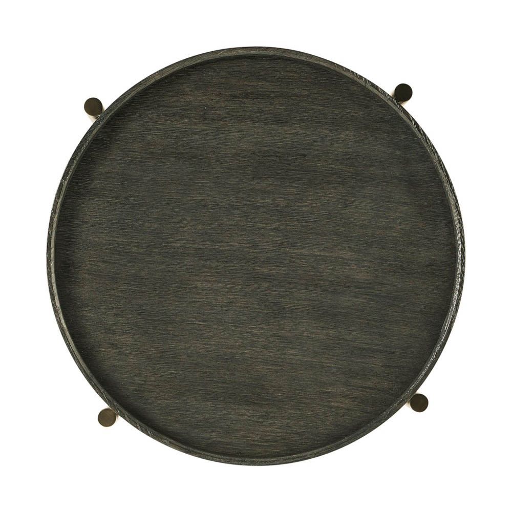 Charcoal finish round side table with tray top and dark brass frame