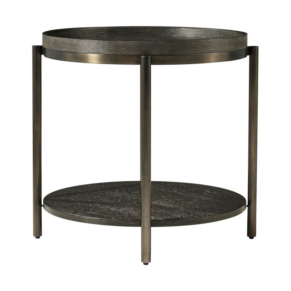 Charcoal finish round side table with tray top and dark brass frame