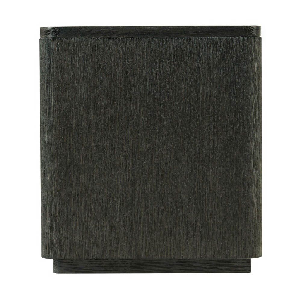 Dark wood bedside table with exposed shelf and frieze drawer