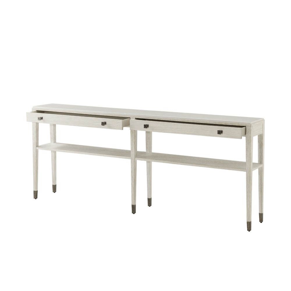 Thin silhouette console table with white sea salt finish and two drawers