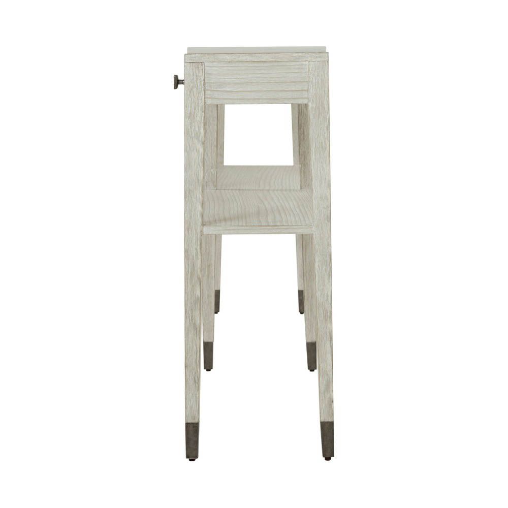 Thin silhouette console table with white sea salt finish and two drawers