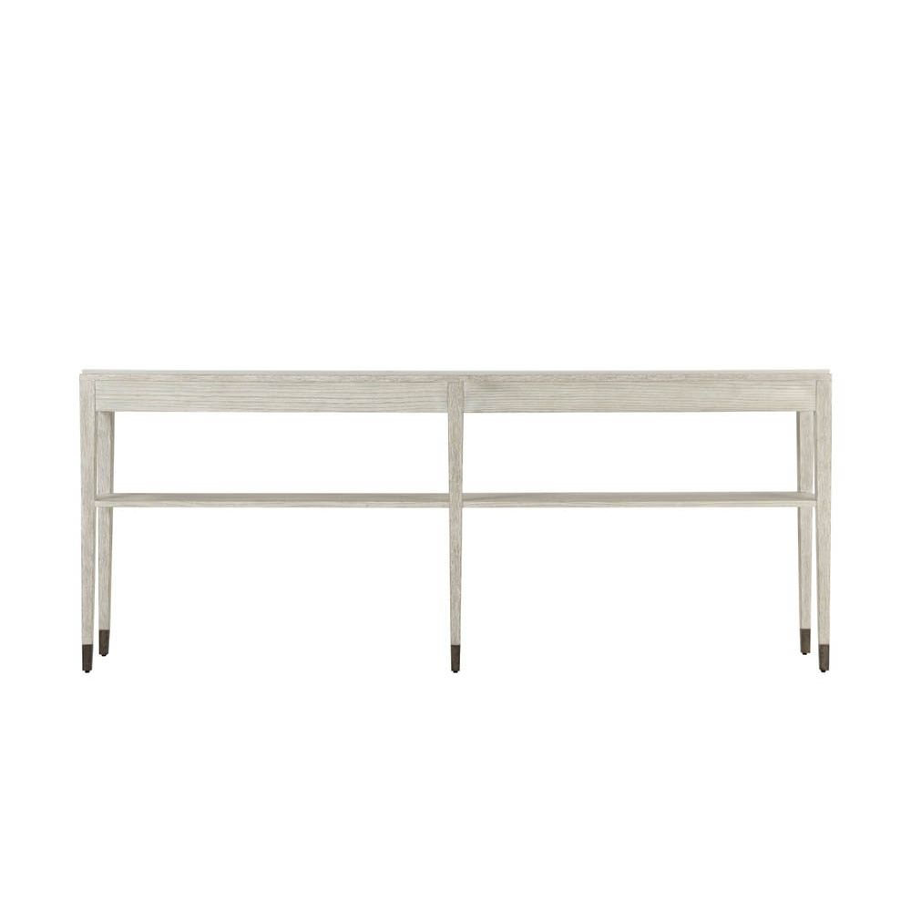 Thin silhouette console table with white sea salt finish and two drawers