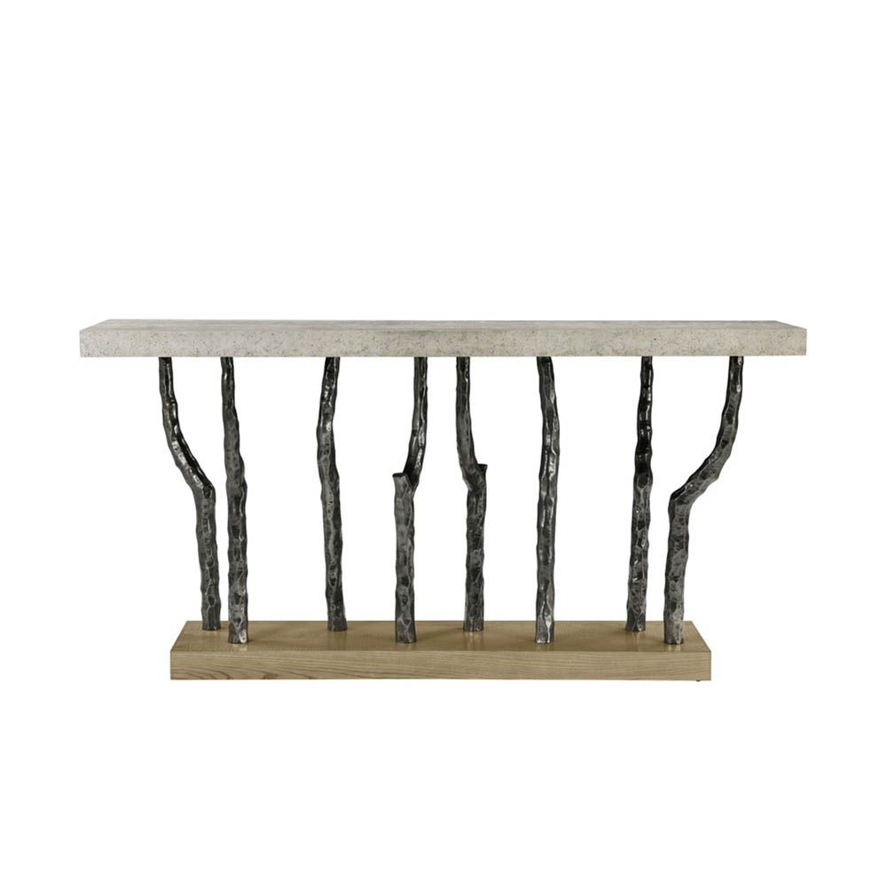 Wooden plinth console table with branch-like bronze framework and concrete style top