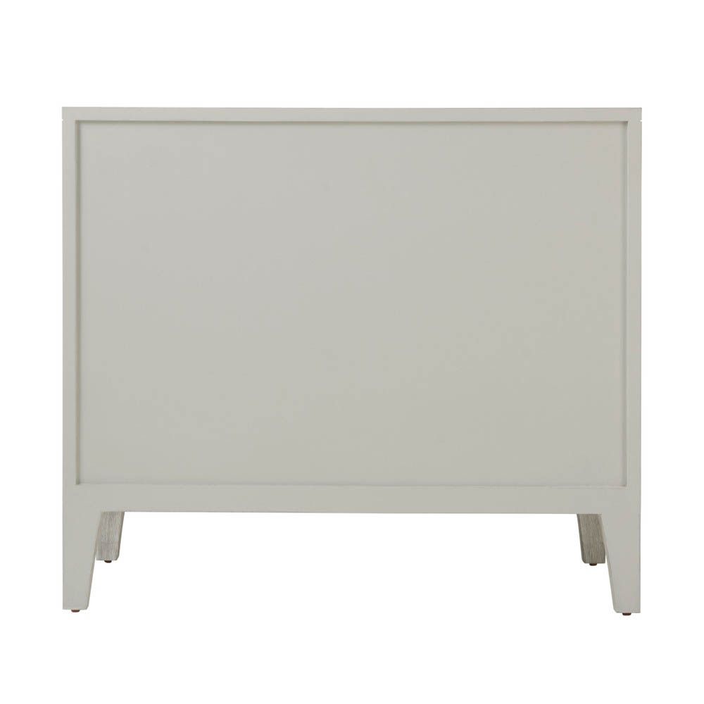 White washed three door bedside table with metal handles