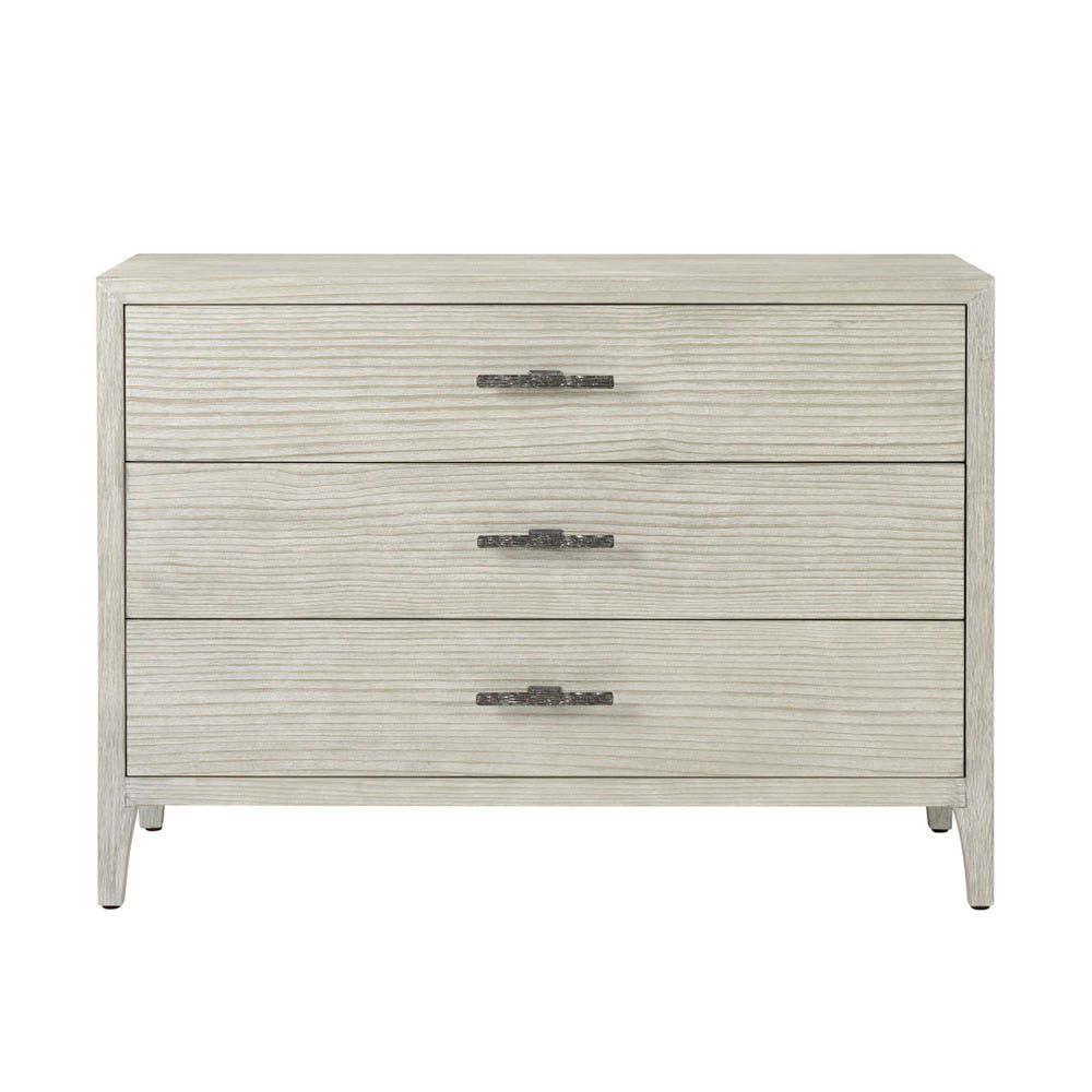 Three drawer whitewood bedside table with brown metal handles