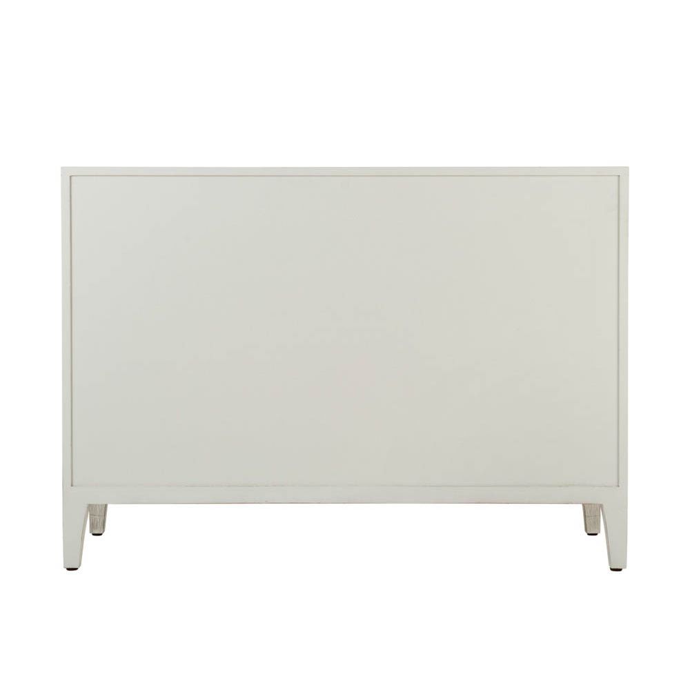 Three drawer whitewood bedside table with brown metal handles