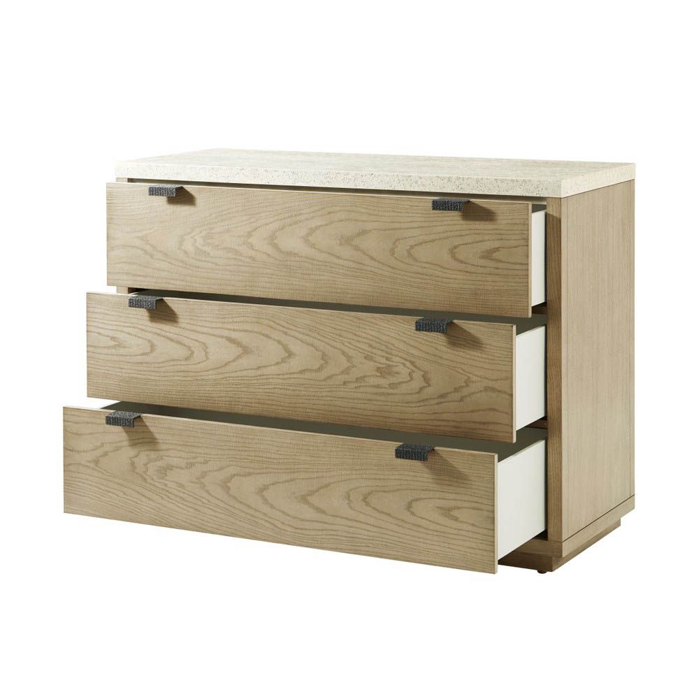 Light brown chest of drawers with concrete style top and three drawers