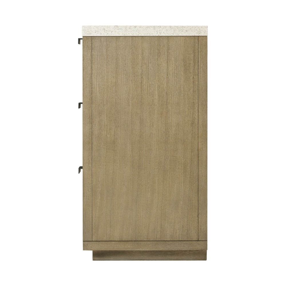 Light brown chest of drawers with concrete style top and three drawers