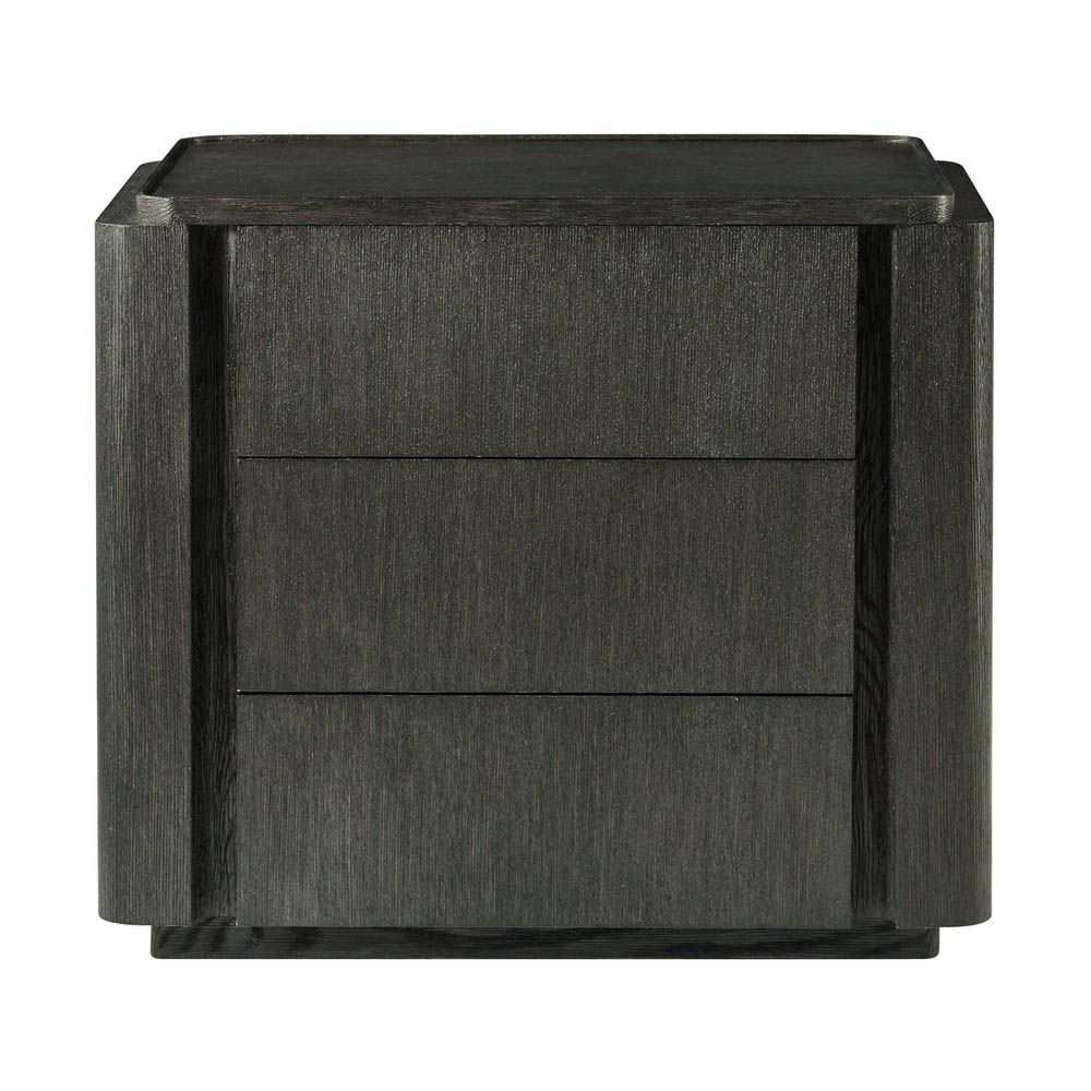 Dark wood bedside table with three drawers for storage
