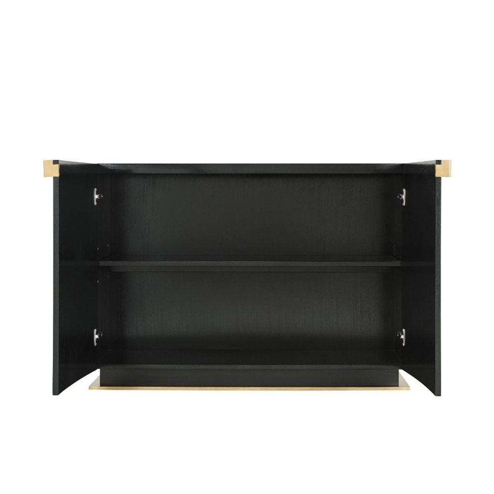 A spectacular, Art-Deco-inspired decorative chest by Theodore Alexander with overlapping, brass inlay arches and deep ebony doors
