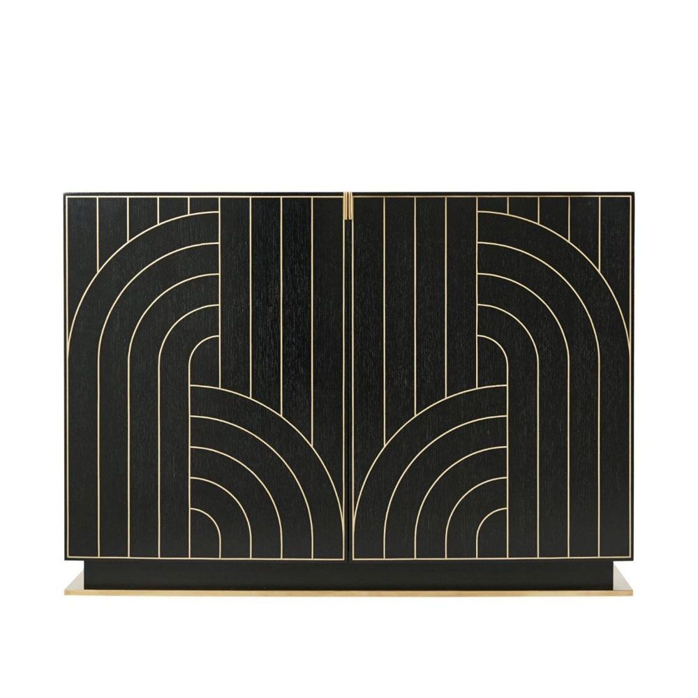 A spectacular, Art-Deco-inspired decorative chest by Theodore Alexander with overlapping, brass inlay arches and deep ebony doors