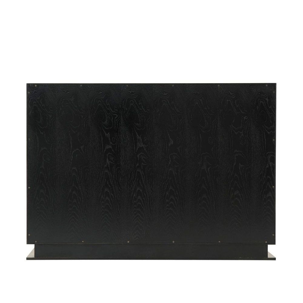 A spectacular, Art-Deco-inspired decorative chest by Theodore Alexander with overlapping, brass inlay arches and deep ebony doors