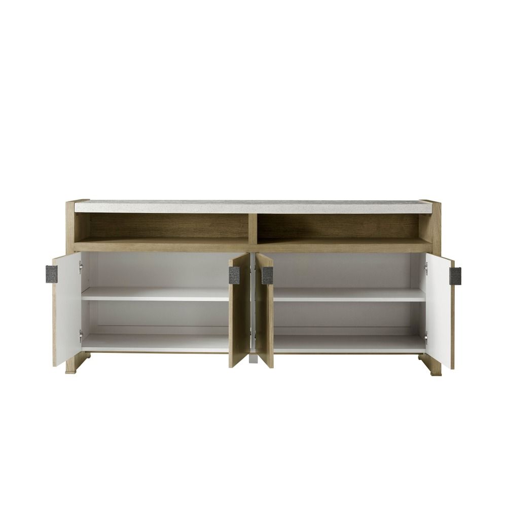 Four door wooden media cabinet with metal pulls