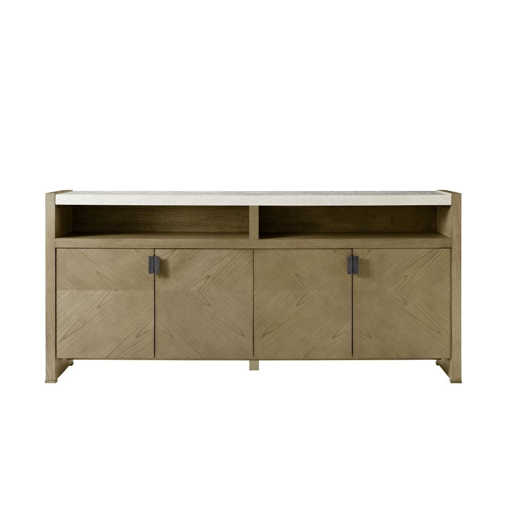 Four door wooden media cabinet with metal pulls