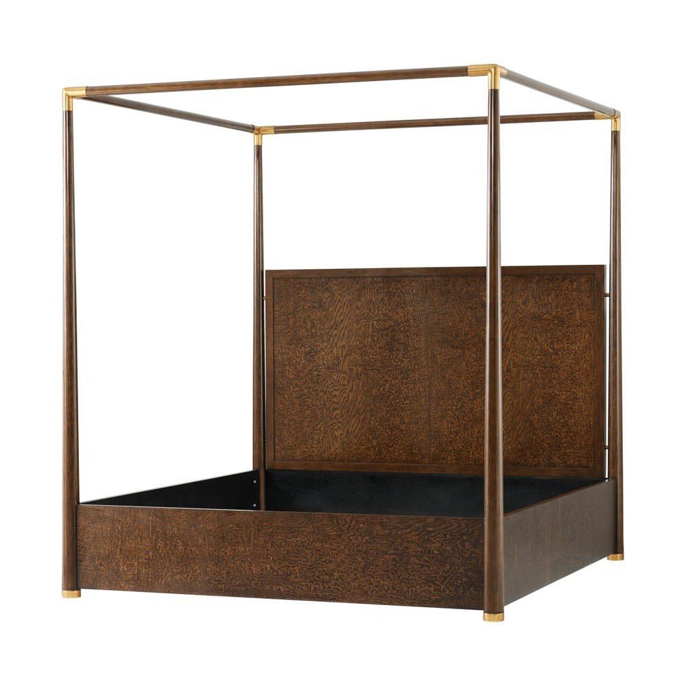 Dark brown ash veneer four poster bed with brass accents