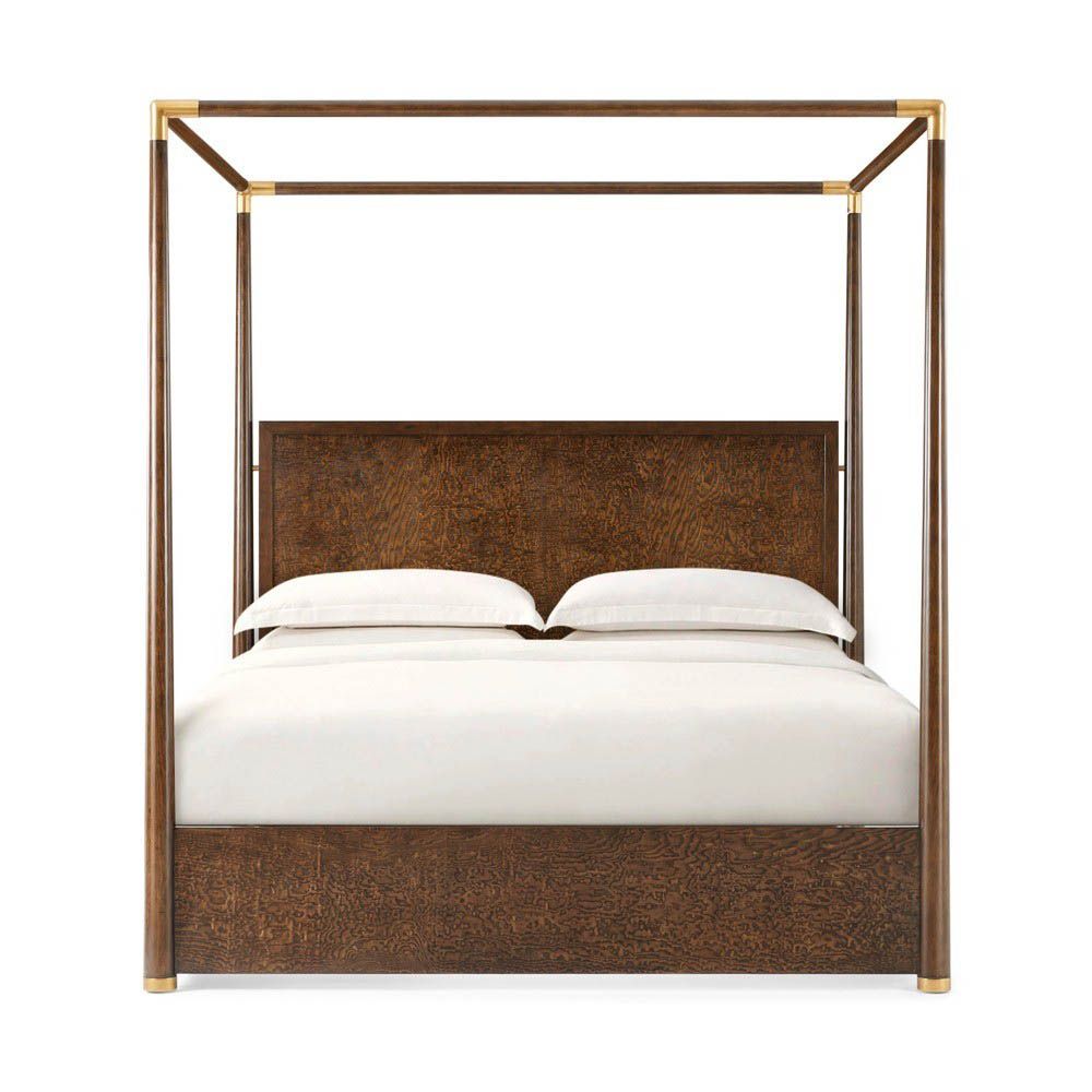 Dark brown ash veneer four poster bed with brass accents