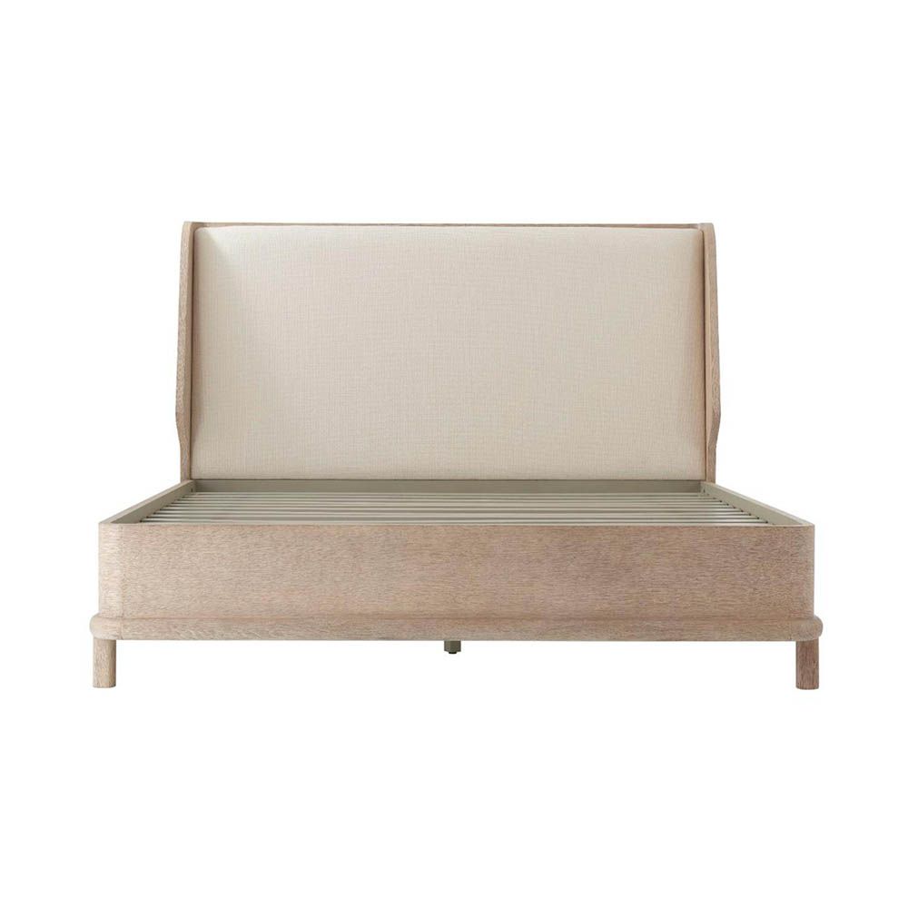 Stunning, Scandinavian-inspired wooden bed with upholstered headboard
