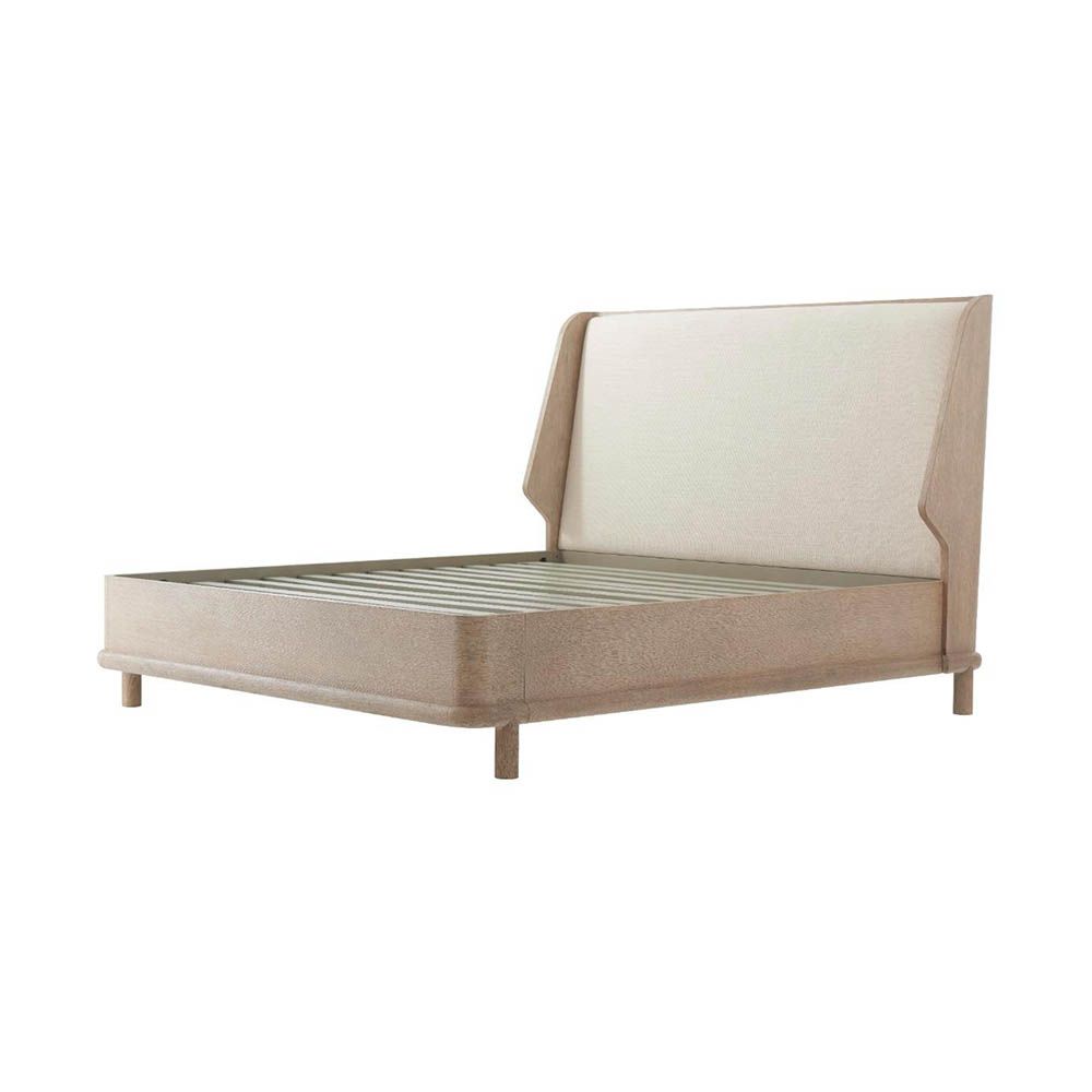 Stunning, Scandinavian inspired wooden bed with upholstered headboard