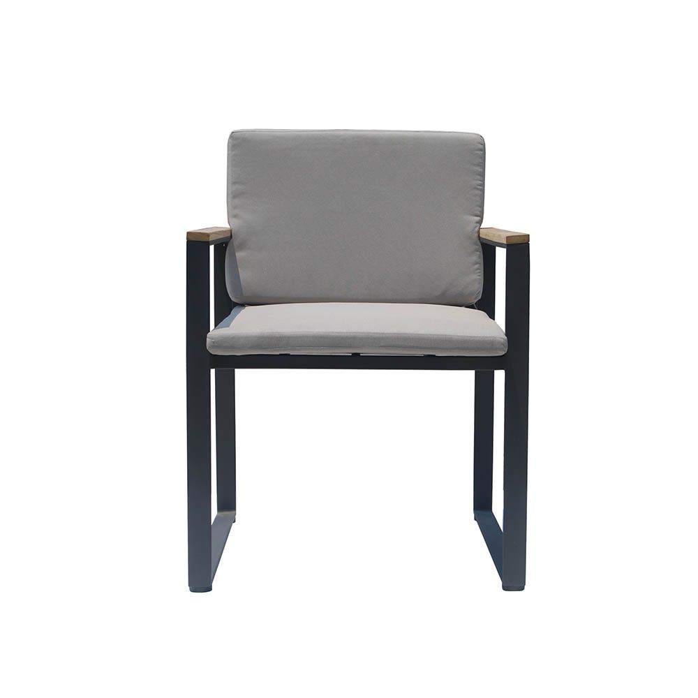 Industrial style sleek dining chair with wooden arms and customisable upholstered seat and back cushions