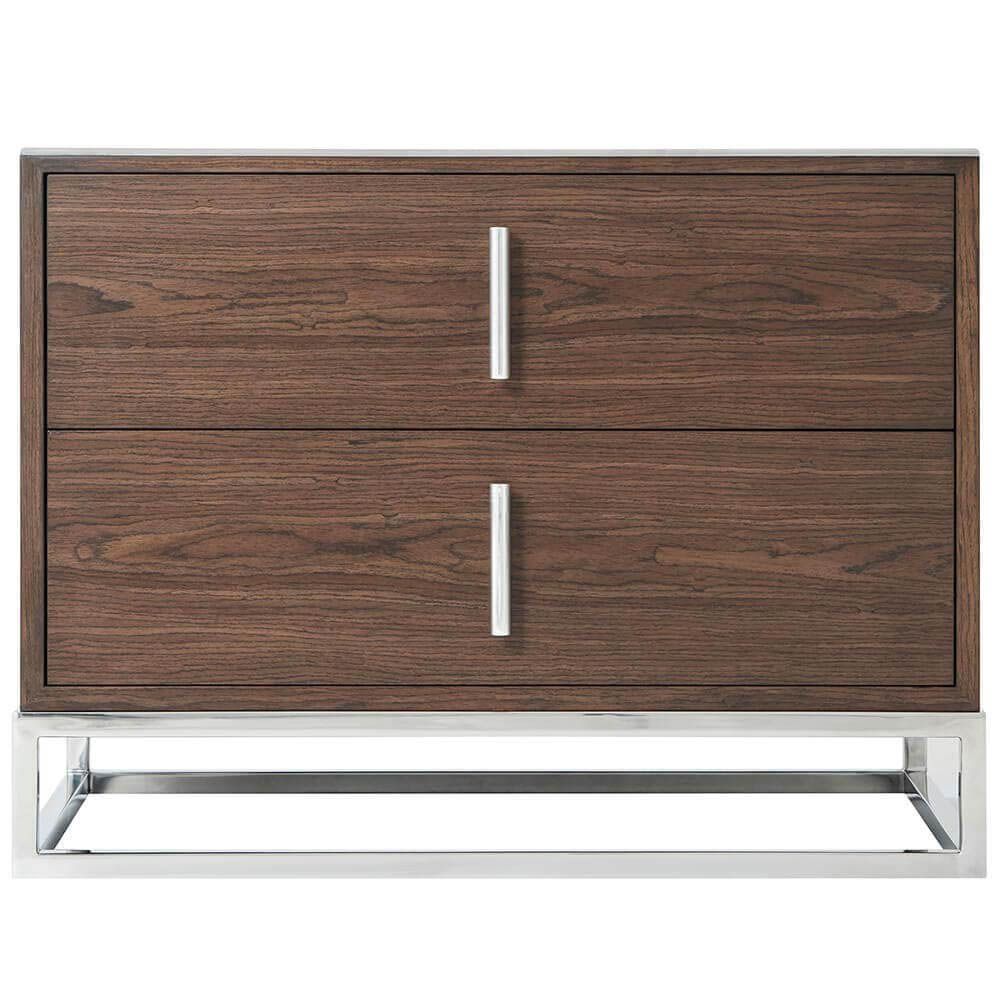Dark brown bedside table with metal handles and nickel finishes