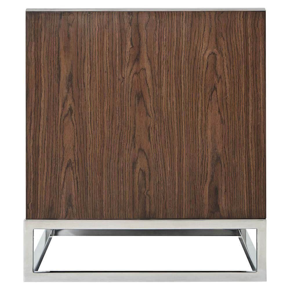 Dark brown bedside table with metal handles and nickel finishes