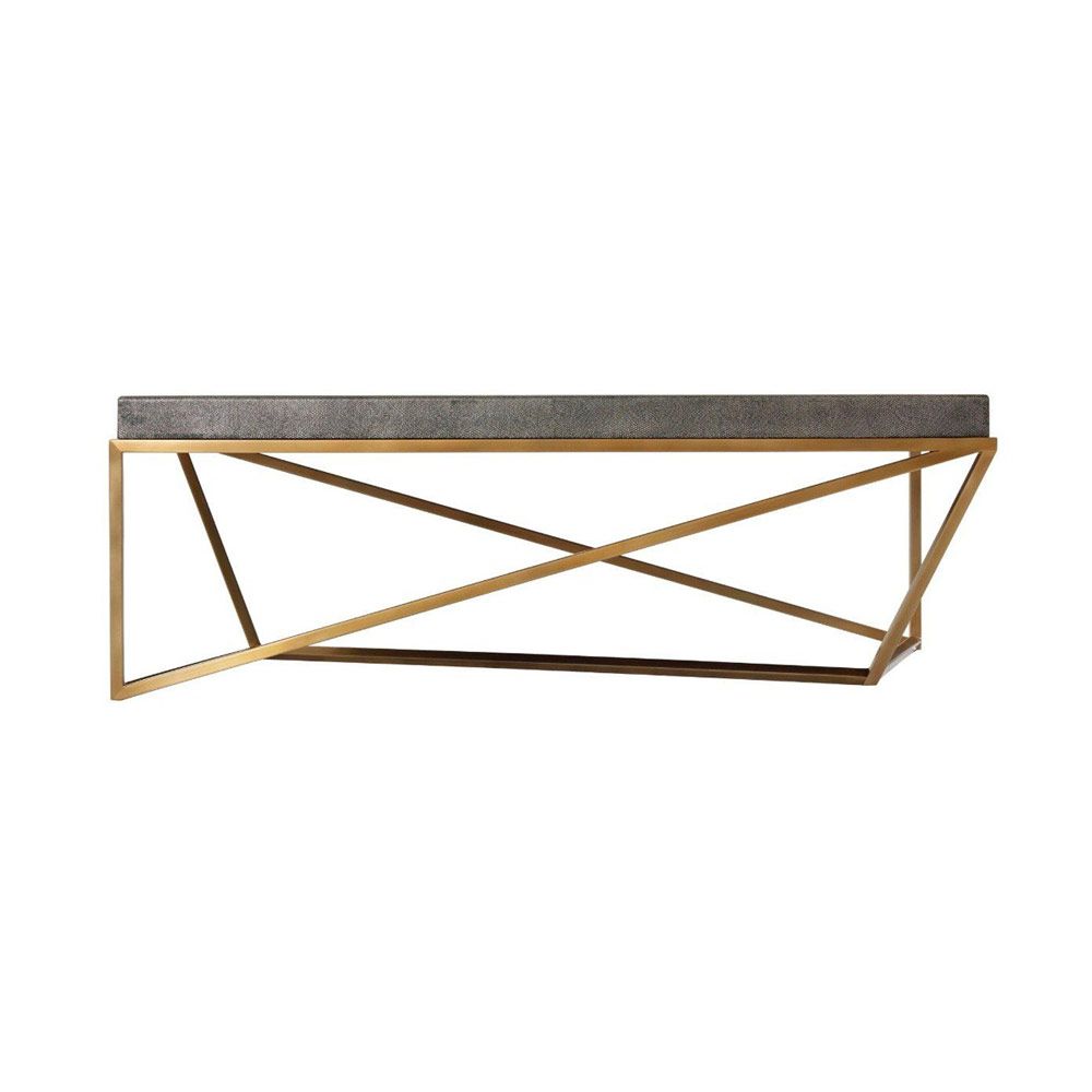 Elegant coffee table with shagreen effect tray top and geometric brass base