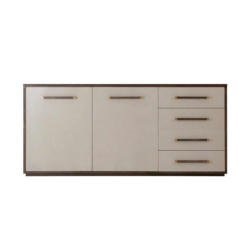 Elegant cabinet with grey leather and brown wood finish